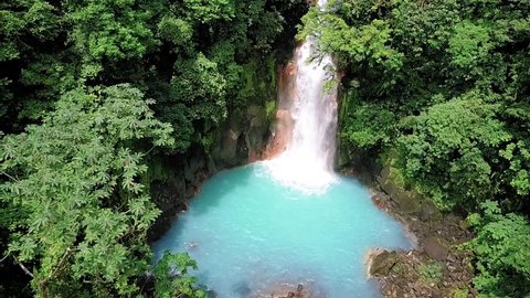 Aerial view of the Rio Celeste, Celestial blue waterfall and Tenorio volcano national park, Costa Rica