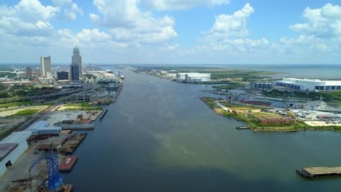Aerial footage Mobile River Alabama port harbor