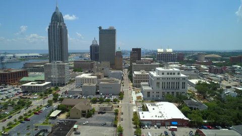Low aerial video Downtown Mobile Alabama fly through