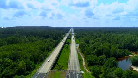 Drone aerial shot Highway I10 Interstate between Florida and Alabama 4k