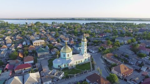 Aerial footage of Vilkovo city center - top view of church in summer, Odessa region, Ukraine