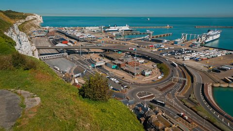 Wide angle shot of heavy traffic flowing around the Port of Dover in Kent, England, UK, nearest English port to mainland Europe