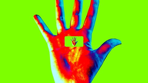 An opt art 3d rendering of a psychedelic tunnel in a human hand showing a high five gesture in the colorful background. A small hand grows in a big one forming a hypnotic channel.