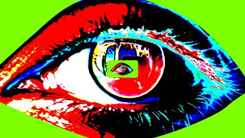An opt art 3d rendering of a big human female eye with a dark pupil, colorful iris and flickering retina with a small one inside. The small eye grows bigger and forms a tunnel in human conscience.