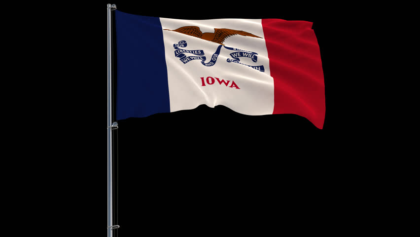 Isolate flag of United States Iowa on flagpole fluttering in wind, 3d rendering, 4k prores 4444 footage with alpha transparency
