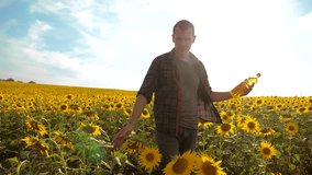 man farmer exploring the field with sunflowers. slow motion video. Man lifestyle farmer hand hold bottle of sunflower oil the field at sunset. man farmer agriculture plastic bottle oil lifestyle