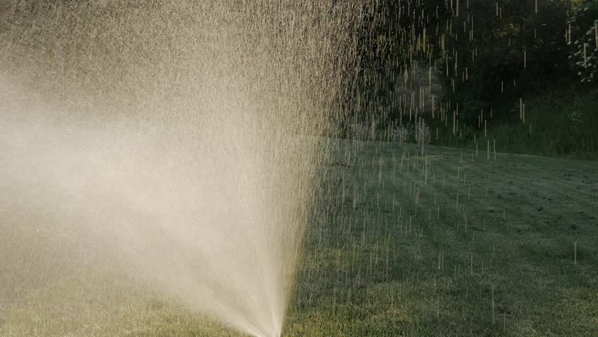 Watering the green grass. Sparkling water spraying out of sprinkler on the green lawn. Summer gardening. Slow motion.