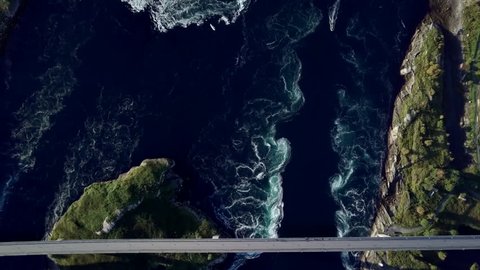 Bird's-eye view on bridge spanned over strong tidal currents in northern Norway.