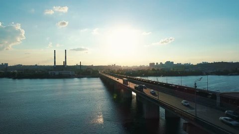 Aerial drone footage. Fly rise and backward south bridge in kyiv.