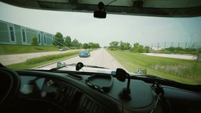 Driving Truck. Truck Driver Delivering Freight. move camera inside the cabin