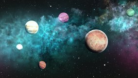 Space travelling loop video. 3d rendering. Planets Over a Glowing Nebula. Eternal Galaxy.