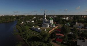 4K aerial video view of Tver town peninsula at Volga-Tvertsa rivers junction and complex of Svyato-Ekaterininskiy women monastery buildings some 180 km north-west of Moscow, Russia