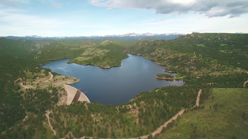 Gross Reservoir in Colorado showing good aerial views of the dam, lake, and power station