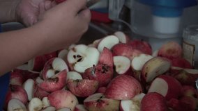 Slicing ripe apples. Red. Female hand. Fresh crop. The view from the top. Actions in the interior. Kitchen table. 4K video.