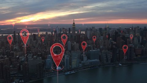 Localization icons in a connected futuristic city.  Technology concept, data communication, artificial intelligence, internet of things. Aerial smart city. New York City skyline.