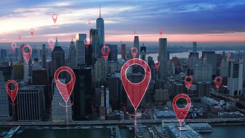 Localization icons in a connected futuristic city.  Technology concept, data communication, artificial intelligence, internet of things. Aerial smart city. New York City skyline.