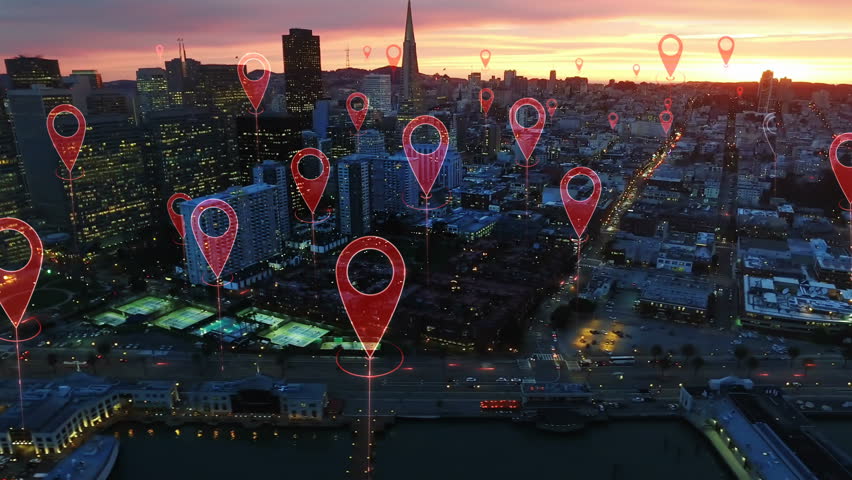 Technology concept, data communication, artificial intelligence. Aerial smart city. Localization icons in a connected futuristic city.  Internet of things. San Francisco skyline. Royalty-Free Stock Footage #1014944278