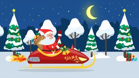 Happy Santa Claus in sledge flying across winter forest with bag full of gifts and waving hand. New Year and Christmas greeting. Cute christmas loop gif animation 4K.