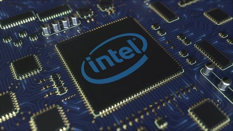 Computer printed circuit board or PCB with Intel Corporation logo. Conceptual editorial 3D animation