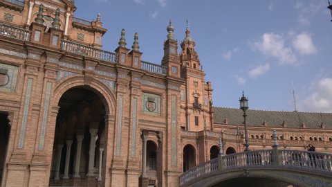 Seville, Spain - April, 2017: Tiled bridge next to the building in Plaza de Espana.