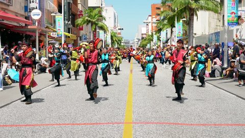 OKINAWA, JAPAN - AUG 5TH, 2018. "10,000 Eisa Dancers Parade" is an annual summer event held on Kokusai Street Okinawa. Eisa performed by ordinary participants, fun and creative Eisa performances