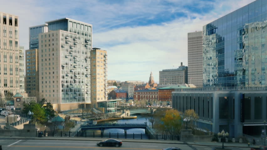 Providence, Rhode Island city skyline overlooking Providence River and downtown financial district  