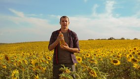 Man farmer hand hold bottle of sunflower oil the field at lifestyle sunset. slow motion video. man farmer agriculture plastic bottle oil sunflower concept. man shows on the production of sunflower oil