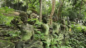 Buddha field of broken sculpture with beautiful ancient Buddha statue in middle of green nature, collection of old Buddha heads and busts covered with moss in Wat Umong temple in Chiang Mai, Thailand