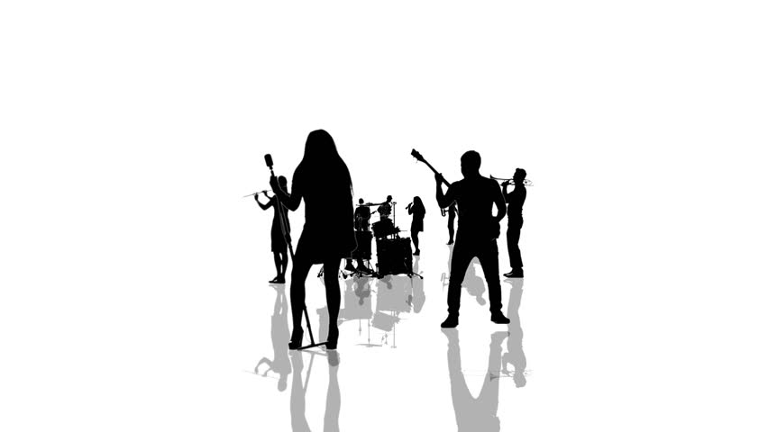 Computer generated animation with musician people silhouettes moving towards the camera. Seamlessly loopable animation.