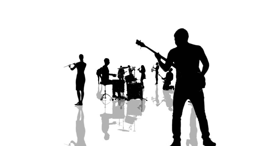 Computer generated animation with musician people silhouettes moving towards the camera. Seamlessly loopable animation.