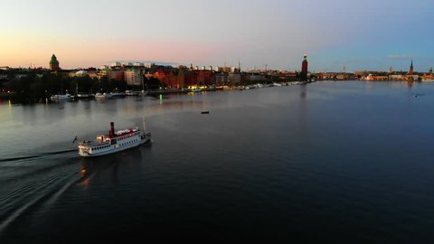 Aerial view of a steamboat voyaging over bay Riddarfjarden in Stockholm, Sweden