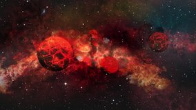 Space travelling to the hell loop video. 3d rendering. Burning planets over a glowing red Nebula. Eternal Galaxy.