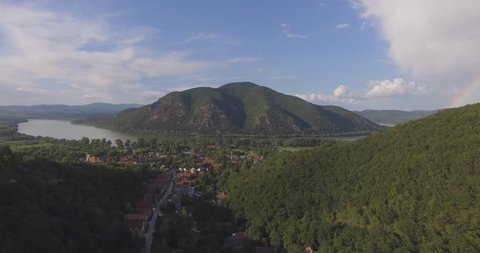 Aerial view of Dabube Bend (Dunakanyar) in Hungary, Europe. 
RAW footage for creators to color grade and control the look of your project (dlog, d log).