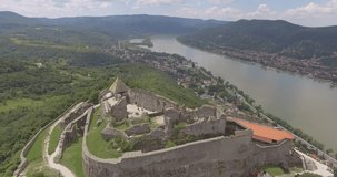Visegrad Castle in Dabube Bend in Hungary, Europe aerial 4K stock video. RAW footage for creators to color grade and control the look of your project (dlog, d log).