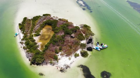 Aerial shot of Isla de la Pasion near Isla Holbox on a sunny day, Mexico