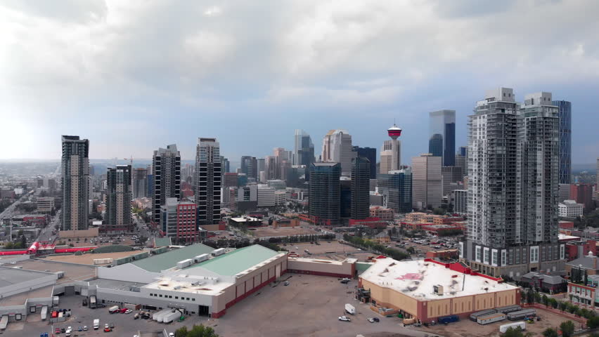 Aerial view of Downtown buildings during daytime in Calgary, Alberta, Canada.