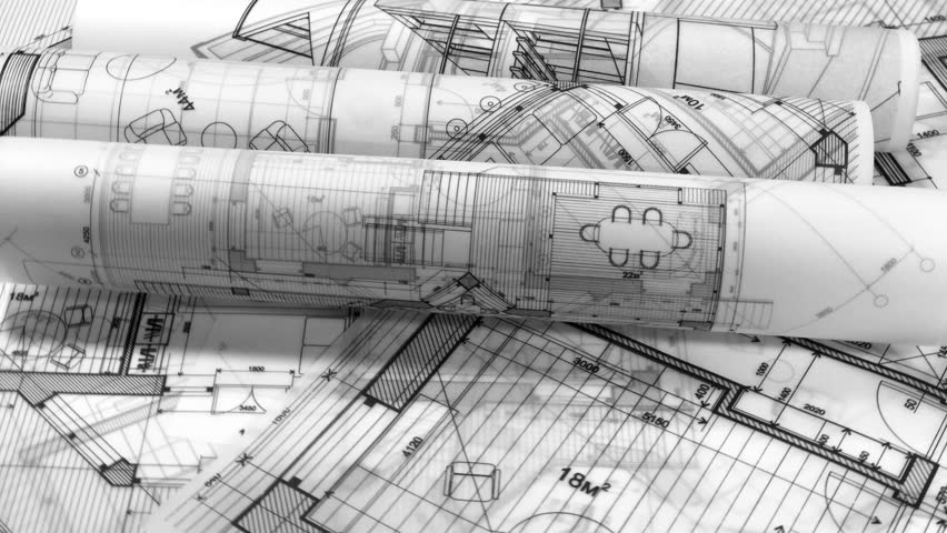 Blueprints - rolls of architectural drawings smoothly rotate on the surface of the architectural plan of a modern house / seamless looping | Shutterstock HD Video #1015034137