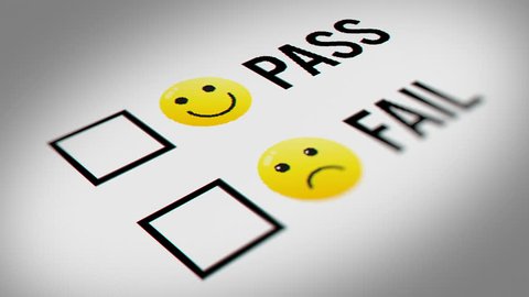 Pass and Fail Checkbox Marking Survey With Emoticon Icons. Mouse Cursor Checking Pass and Fail Option on White  Background.
