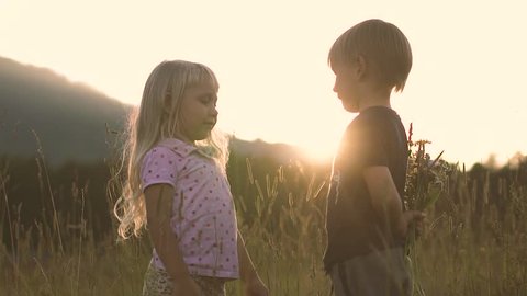 Little boy gives the girl a bouquet of flowers in the field at sunset