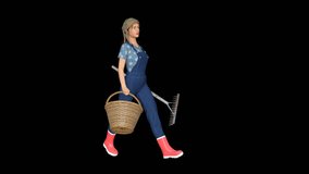 girl gardener walk with a basket and rake, transparent background

