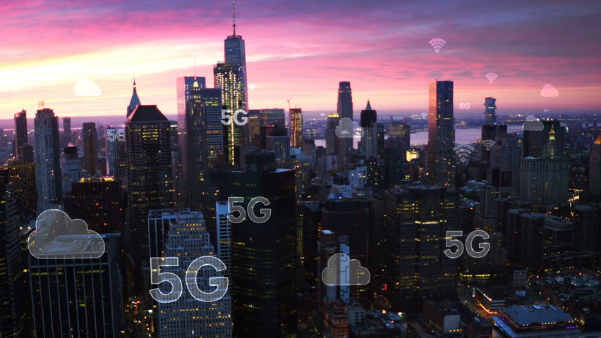 Aerial city connected through 5G. Wireless network, mobile technology concept, data communication, cloud computer, artificial intelligence, internet of things. New York City skyline. Futuristic city. | Shutterstock HD Video #1015058197