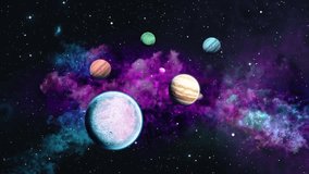 Space traveling loop video. 3d rendering. Planets Over a Glowing Purple Nebula. Eternal Galaxy.