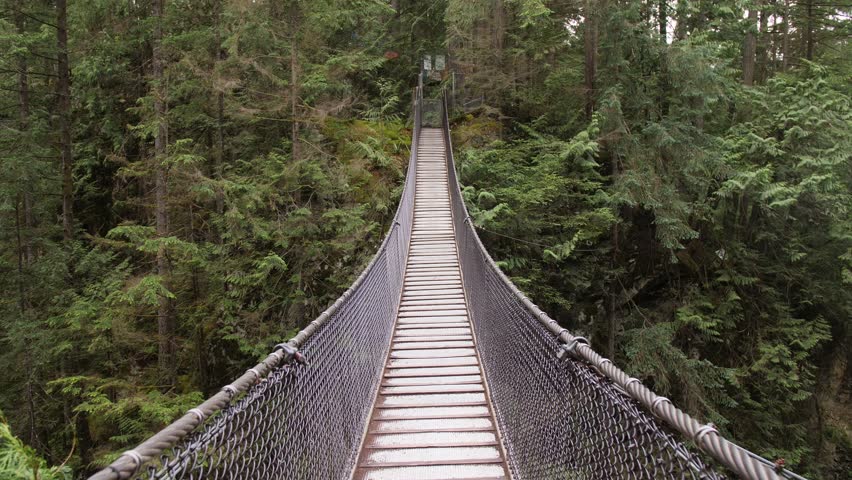 Moving Along Tall Suspension Bridge, Surrounded by Thick Green Trees and Forest Located in Vancouver, Canada.  | Shutterstock HD Video #1015059505