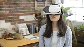 Woman Wear Virtual Reality Headset And Touch Something