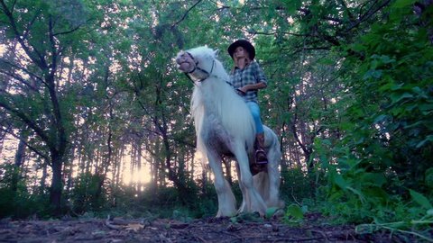 Young girl in cowboy hat riding a white horse. The stallion rises to his hind legs.