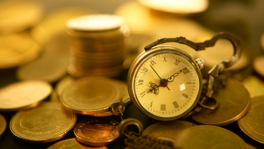 Management efficiency, time is money. Vintage pocket watch with golden coins stack on black background. Time for Success of Finance Business. Investment, business financial ideas concept Royalty-Free Stock Footage #1015075267