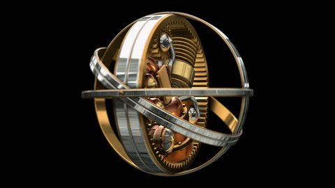 3D Gyroscope wheel animation. ALPHA MATTE. Best 3D model animation in 4K for movies, TV shows, intro, news, commercials, futurism and steampunk related projects.