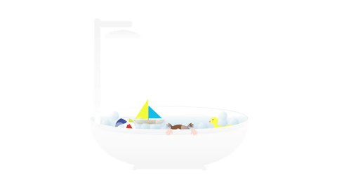 Bathtub with shower, Little cute baby girl and toys - boat, duck and ball