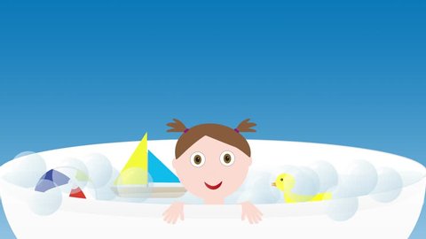 Little cute baby girl in a bath with toys - boat, duck and ball