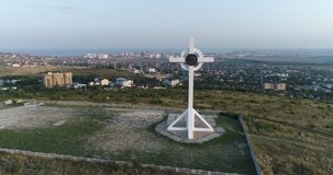 Drone flying 4K video on Worship Cross near Anapa city, Black sea, Russia